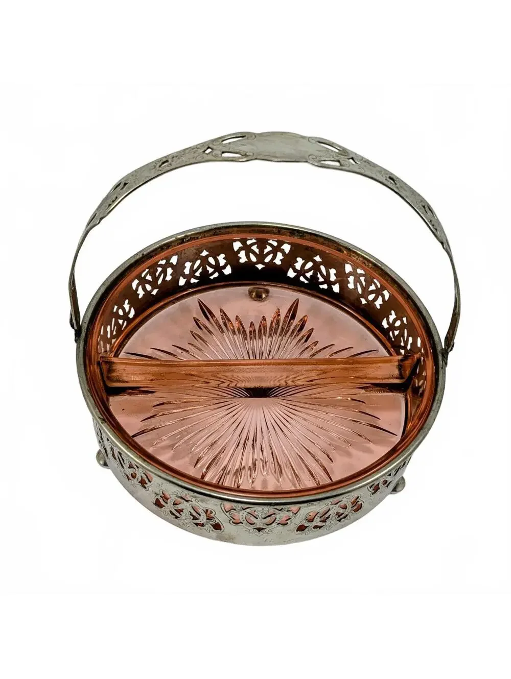 1930s Pink Depression Glass Relish Dish & Forman Bros Metal Basket